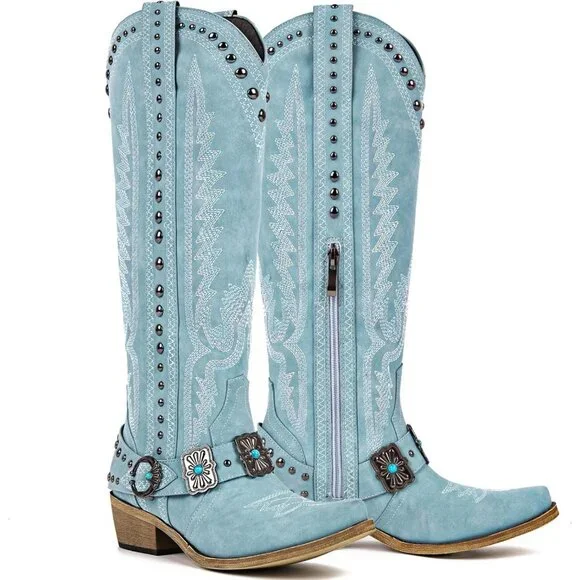 Women's Blue Leather Embroidered Knee High Chunky Heels Western Cowgirl Boots - Picture 1 of 4